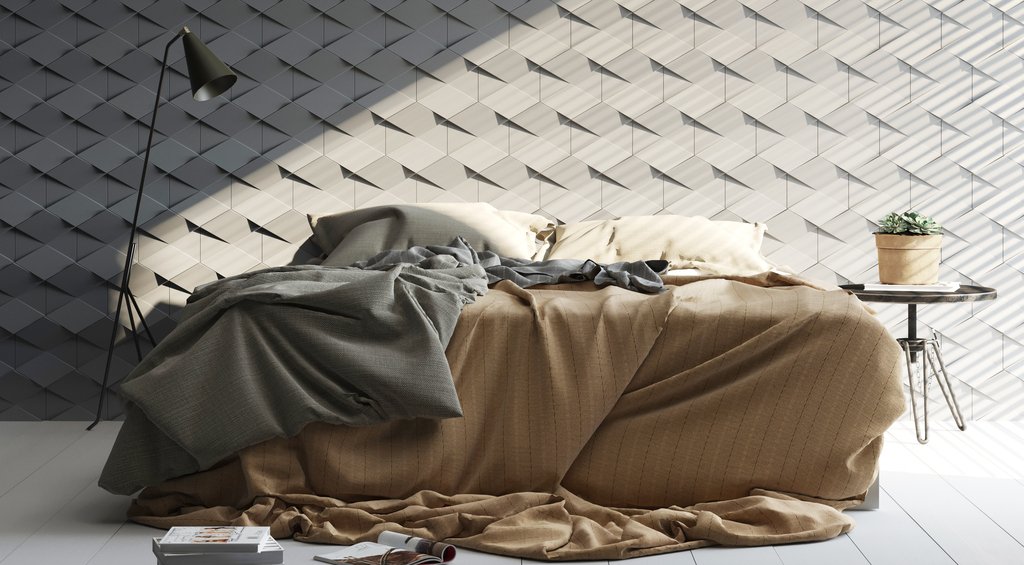Sensação sóbria aplicada com a harmonização entre as cores branco, cinza e amarelo em um quarto.