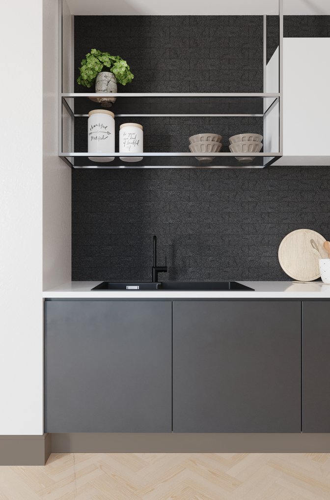 Estilo de decoração minimalista aplicado em uma cozinha em tons de cinza e branco.
