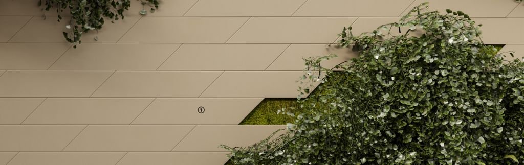 Chevron liso aplicado em uma parede ambientada com natureza, representando produtos sustentáveis.
