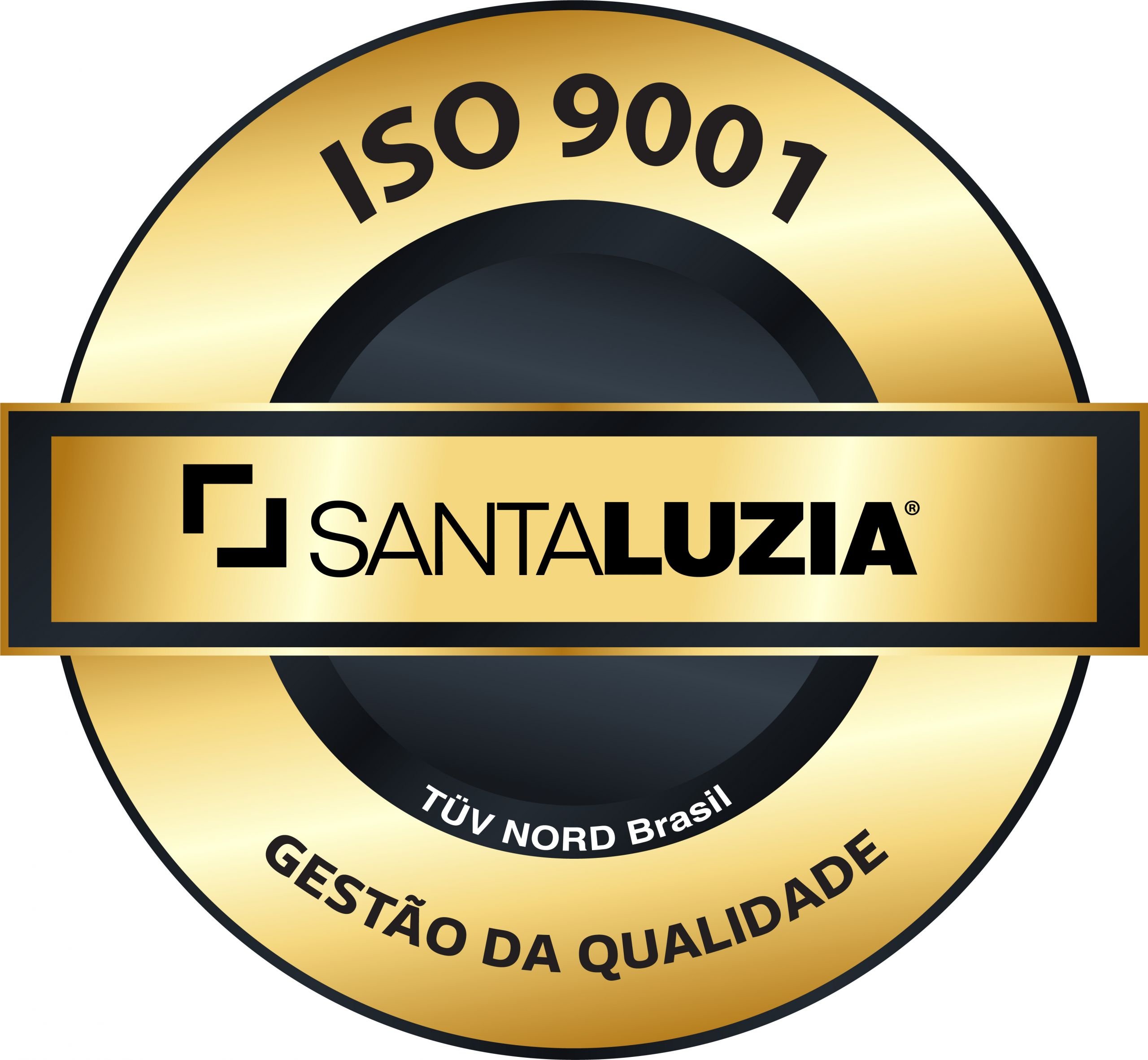 Ilustração em tons de dourado, marrom e preto do certificado da ISO 9001 da Santa Luzia.