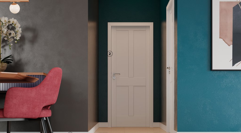 Main door frame in a decorated environment.