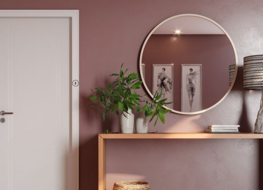 Ferramentas para designers de interiores: imagem mostra sala com paredes rose, porta branca e aparador com vasos de plantas.