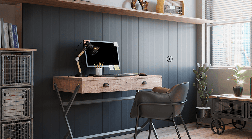 Um painel ripado ou uma parede em cores harmoniosas podem fazer toda a diferença em um ambiente home office.