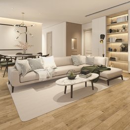 Sala de estar com painel de madeira branco.