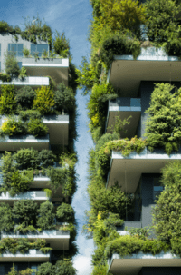 Prédios com o conceito dos green buildings lado a lado em uma cidade.