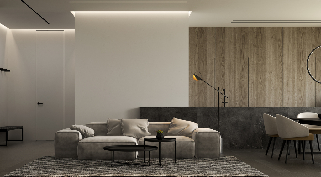 minimalist interior of modern living room 3d rendering
