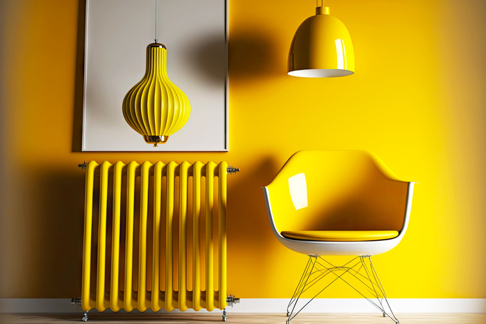 yellow modern heating radiator with yellow lamp
