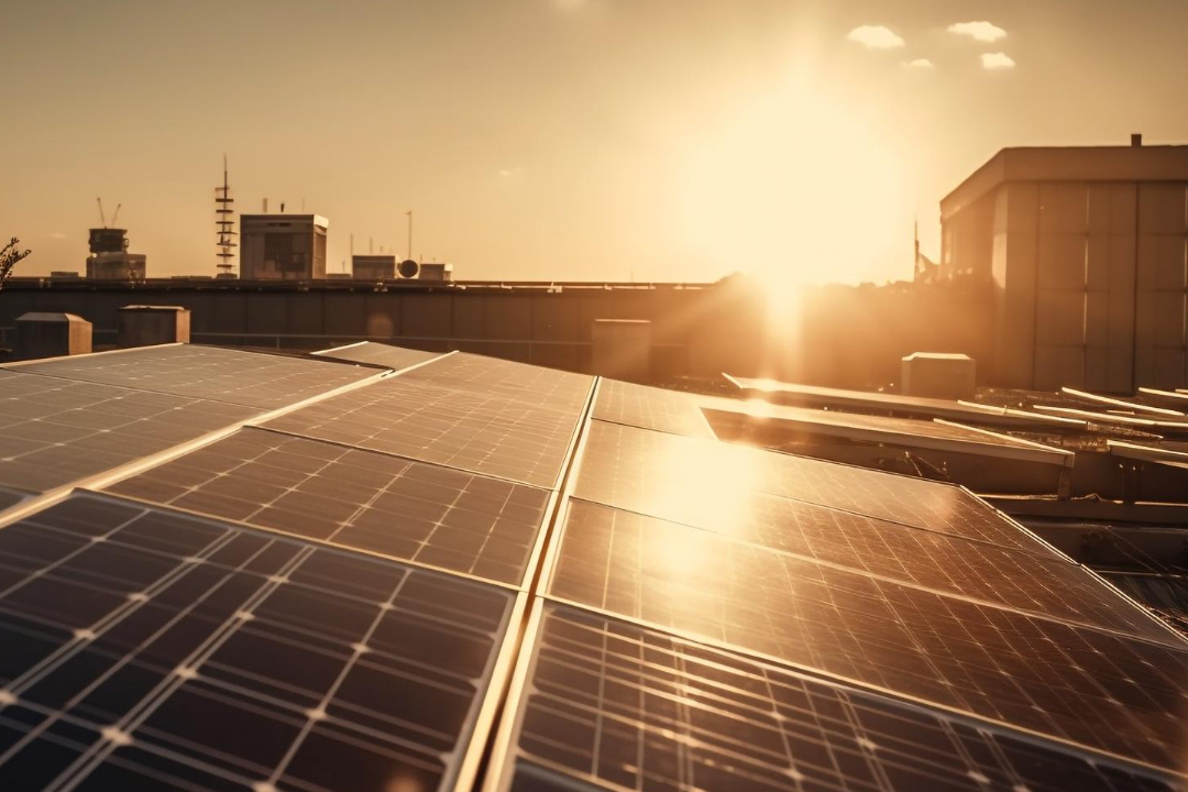 Painel solar disposto no teto de um edifício